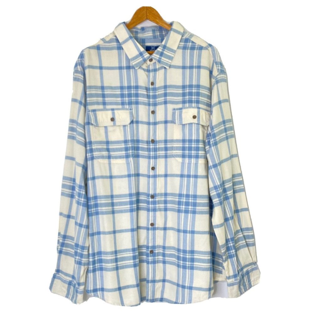George Men's size 3XL 54-56 L/S Button Front Flannel Shirt Collared Blue Plaid